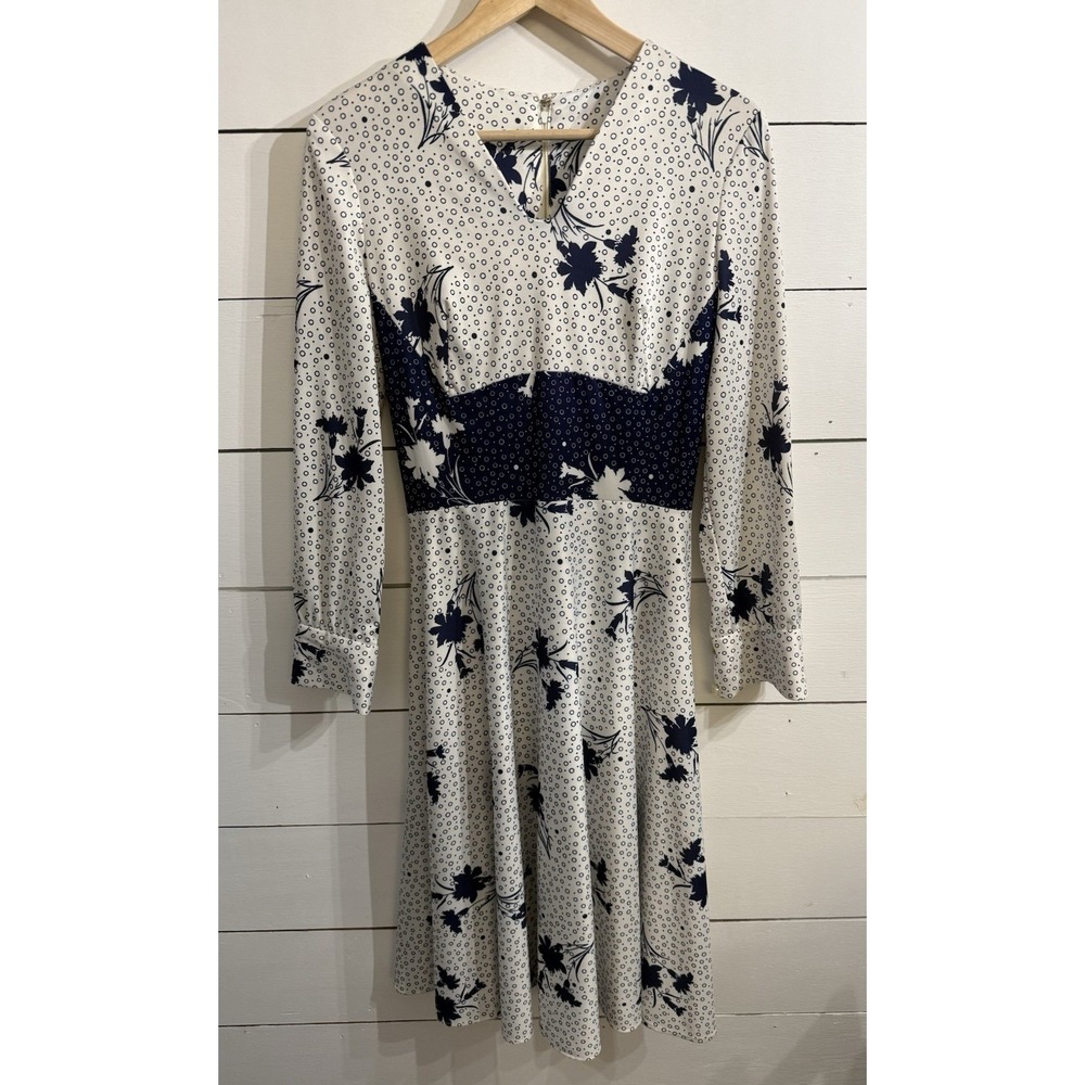 VTG 1970's Blue & White Dress George Gerring Miami Women's Medium 8/10